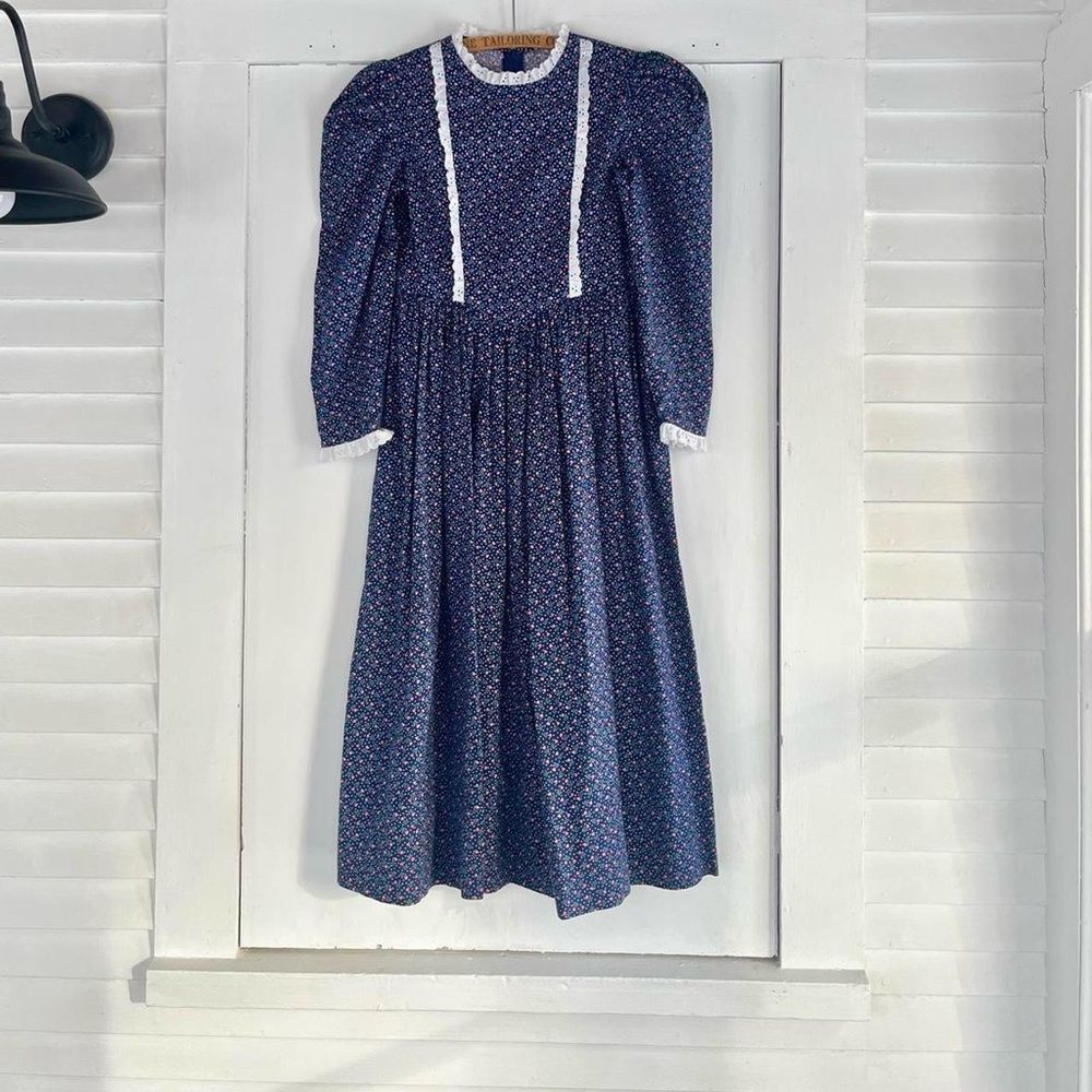Vintage Handmade Floral Cotton Cottage Prairie Dress w/ Matching Bonnet XS 0 2 4